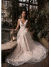 Beaded Ivory Lace Tulle Wedding Dress With Blush Lining
